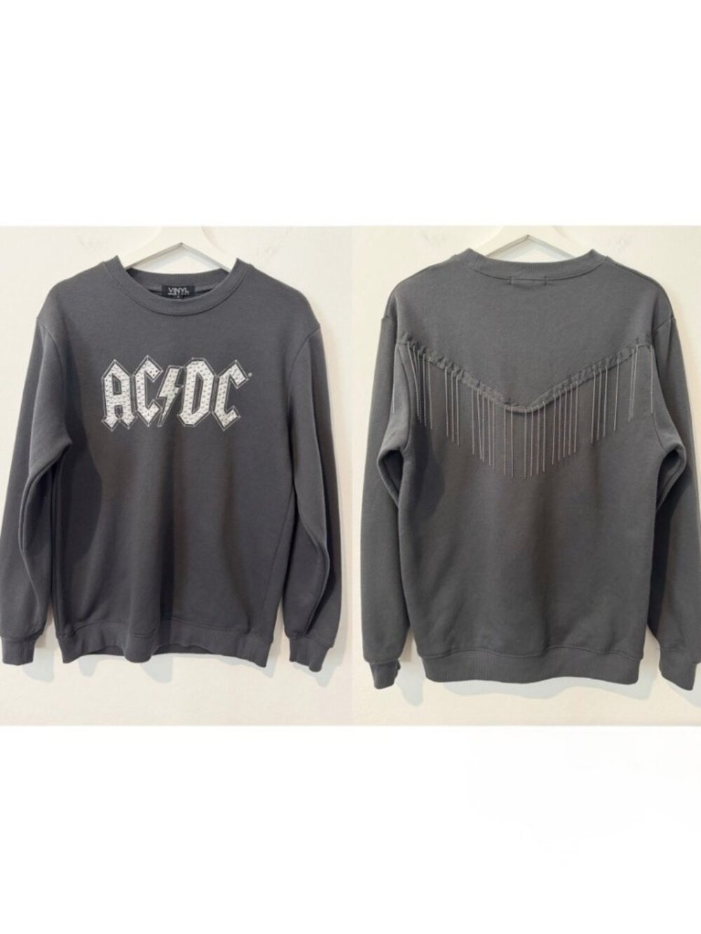 Vinyl Icons AC/DC Graphic Sweatshirt Small Fringe Studded Rock Grunge Distressed